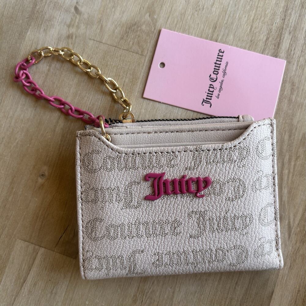Juicy Couture Logo Chain Wallet Card Case Can’t Tame Her Bifold Beige Pink Gold
